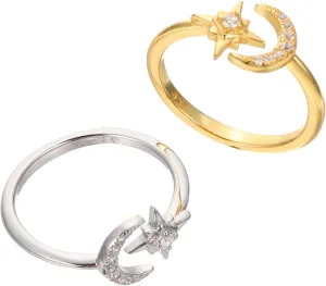 Gold Plated Knuckle Rings for Women 925 Sterling Silver Adjustable Open Ring Moon and Star Design