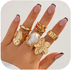 Gold Rings for Women 6 pcs Chunky Gold Silver Stackable Rings Set Baroque Pearl Gemstone Flower Ring Statement Rings Adjustable Open Ring Fashion Jewelry Accessories for Women