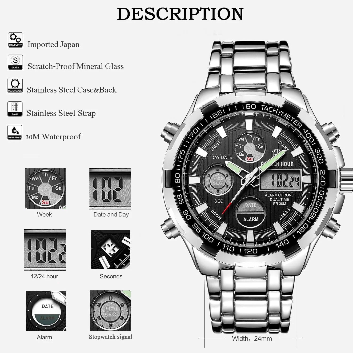 GOLDEN HOUR Luxury Stainless Steel Analog Digital Watches for Men Male Outdoor Sport Waterproof Big Heavy Wristwatch