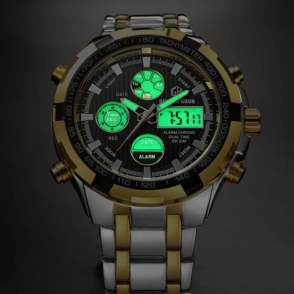 GOLDEN HOUR Luxury Stainless Steel Analog Digital Watches for Men Male Outdoor Sport Waterproof Big Heavy Wristwatch