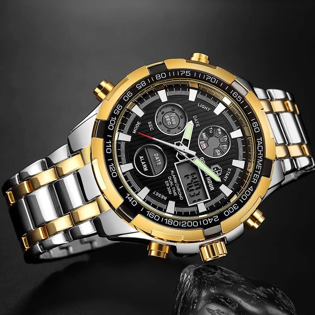 GOLDEN HOUR Luxury Stainless Steel Analog Digital Watches for Men Male Outdoor Sport Waterproof Big Heavy Wristwatch