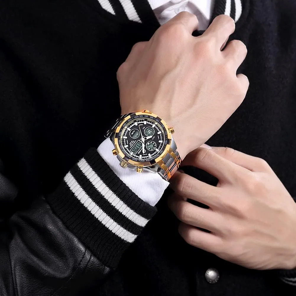 GOLDEN HOUR Luxury Stainless Steel Analog Digital Watches for Men Male Outdoor Sport Waterproof Big Heavy Wristwatch