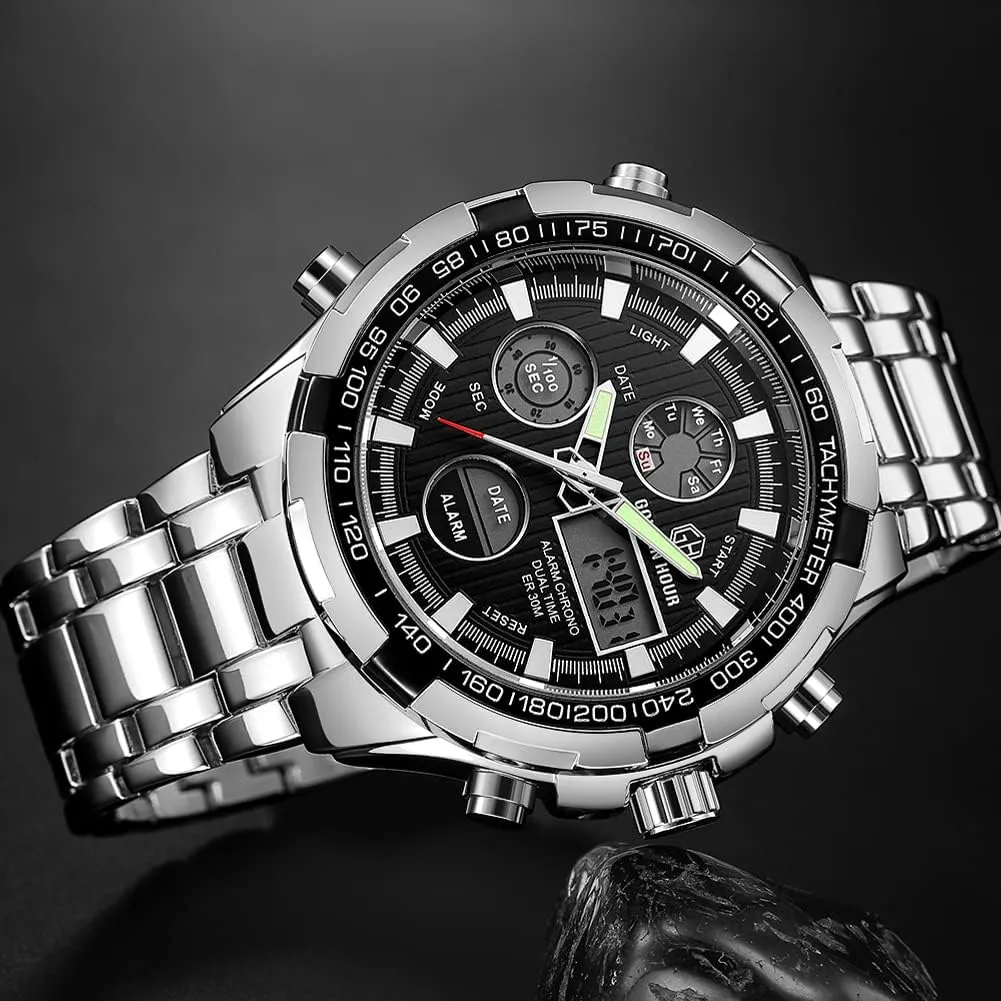 GOLDEN HOUR Luxury Stainless Steel Analog Digital Watches for Men Male Outdoor Sport Waterproof Big Heavy Wristwatch