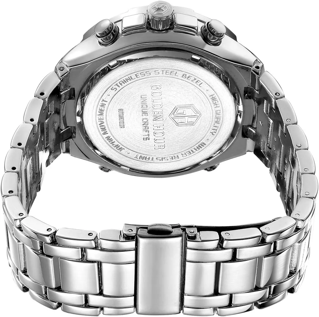 GOLDEN HOUR Luxury Stainless Steel Analog Digital Watches for Men Male Outdoor Sport Waterproof Big Heavy Wristwatch