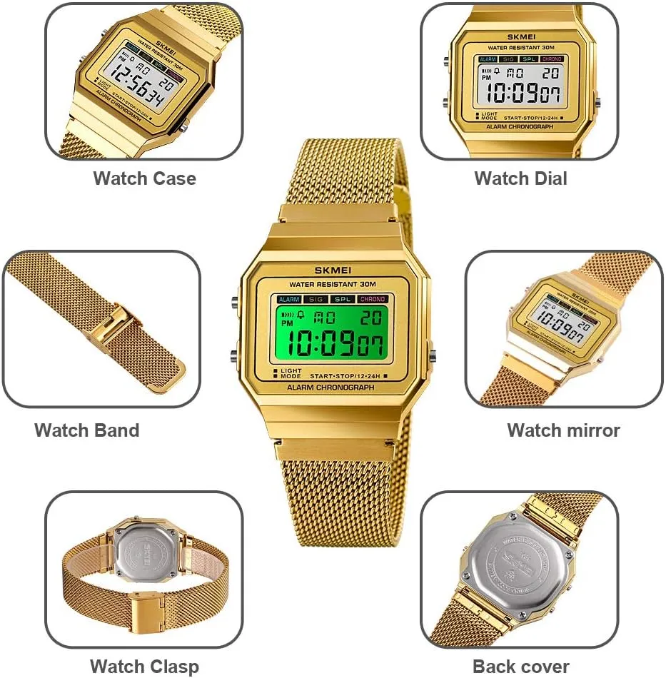 Gosasa Classic Unisex Women's Men's Digital Multifunction Sports Watch Stainless Steel Band Square Waterproof Electronic Led Watch