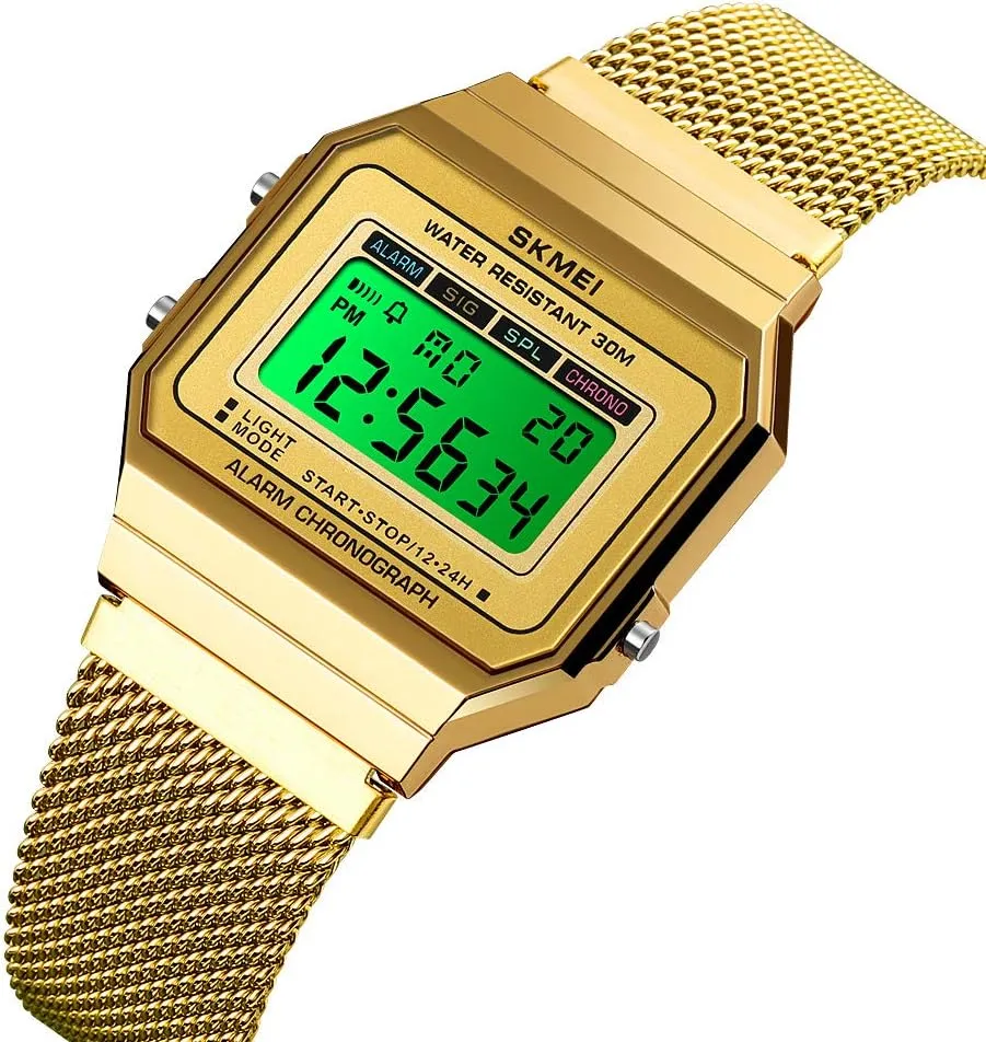 Gosasa Classic Unisex Women's Men's Digital Multifunction Sports Watch Stainless Steel Band Square Waterproof Electronic Led Watch