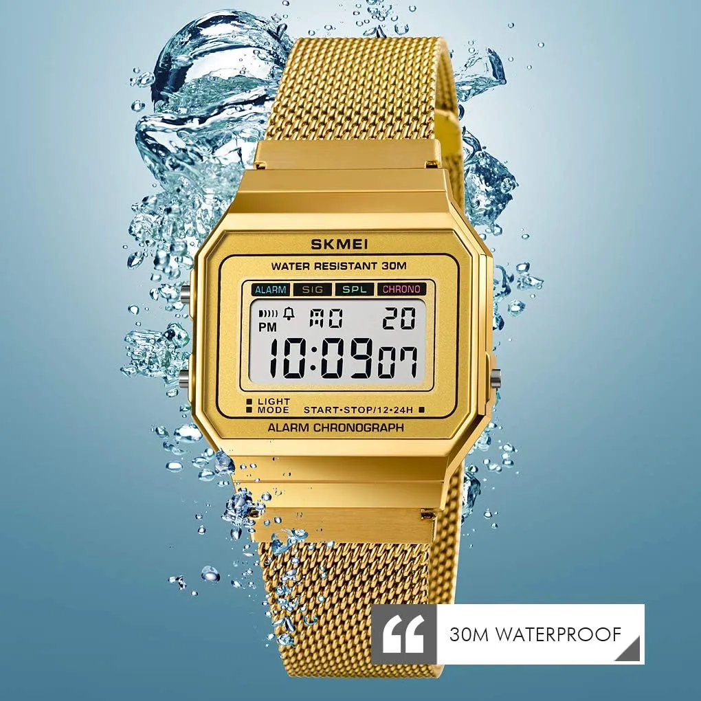 Gosasa Classic Unisex Women's Men's Digital Multifunction Sports Watch Stainless Steel Band Square Waterproof Electronic Led Watch