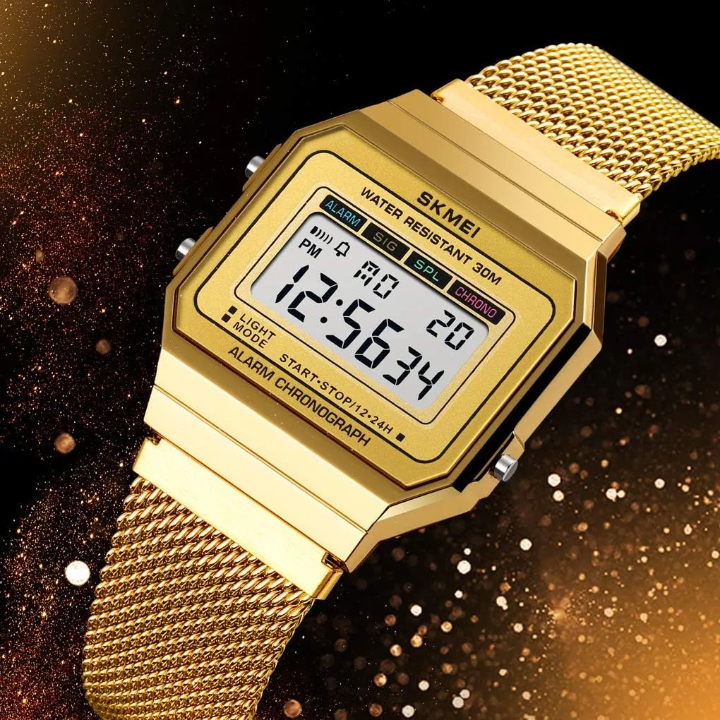 Gosasa Classic Unisex Women's Men's Digital Multifunction Sports Watch Stainless Steel Band Square Waterproof Electronic Led Watch