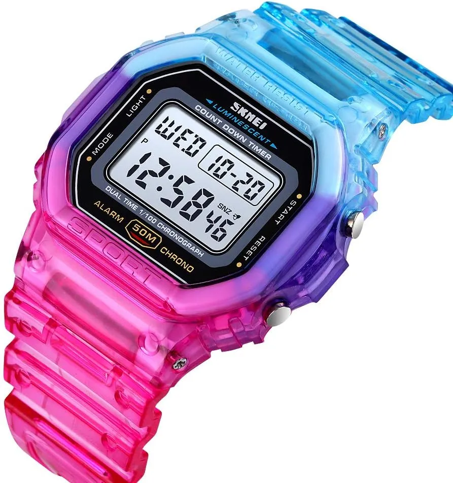 Gosasa Womens Watch Gradient Color Silicone Plating Digital Electronic Waterproof Sports Wristwatches Casual Watch Student Watches