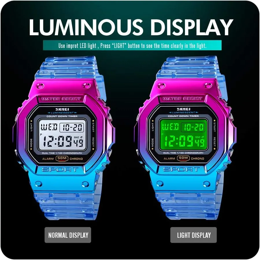 Gosasa Womens Watch Gradient Color Silicone Plating Digital Electronic Waterproof Sports Wristwatches Casual Watch Student Watches
