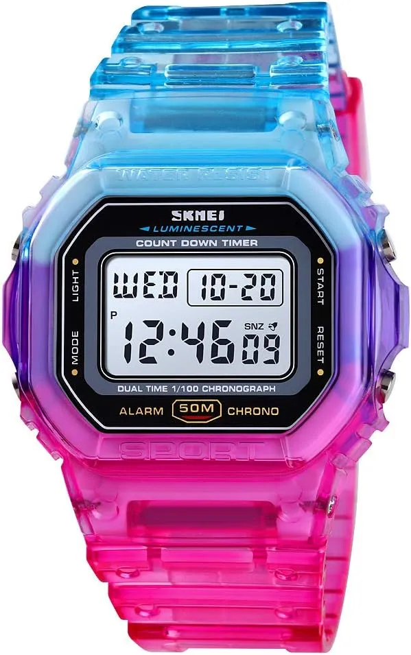 Gosasa Womens Watch Gradient Color Silicone Plating Digital Electronic Waterproof Sports Wristwatches Casual Watch Student Watches