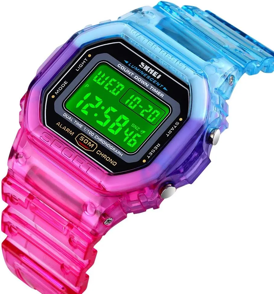 Gosasa Womens Watch Gradient Color Silicone Plating Digital Electronic Waterproof Sports Wristwatches Casual Watch Student Watches