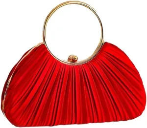 Graceful Pleated Satin Handbag for Women Circle Handle Evening Bag Wedding Guest Clutch Purse Elegant Dating Purse