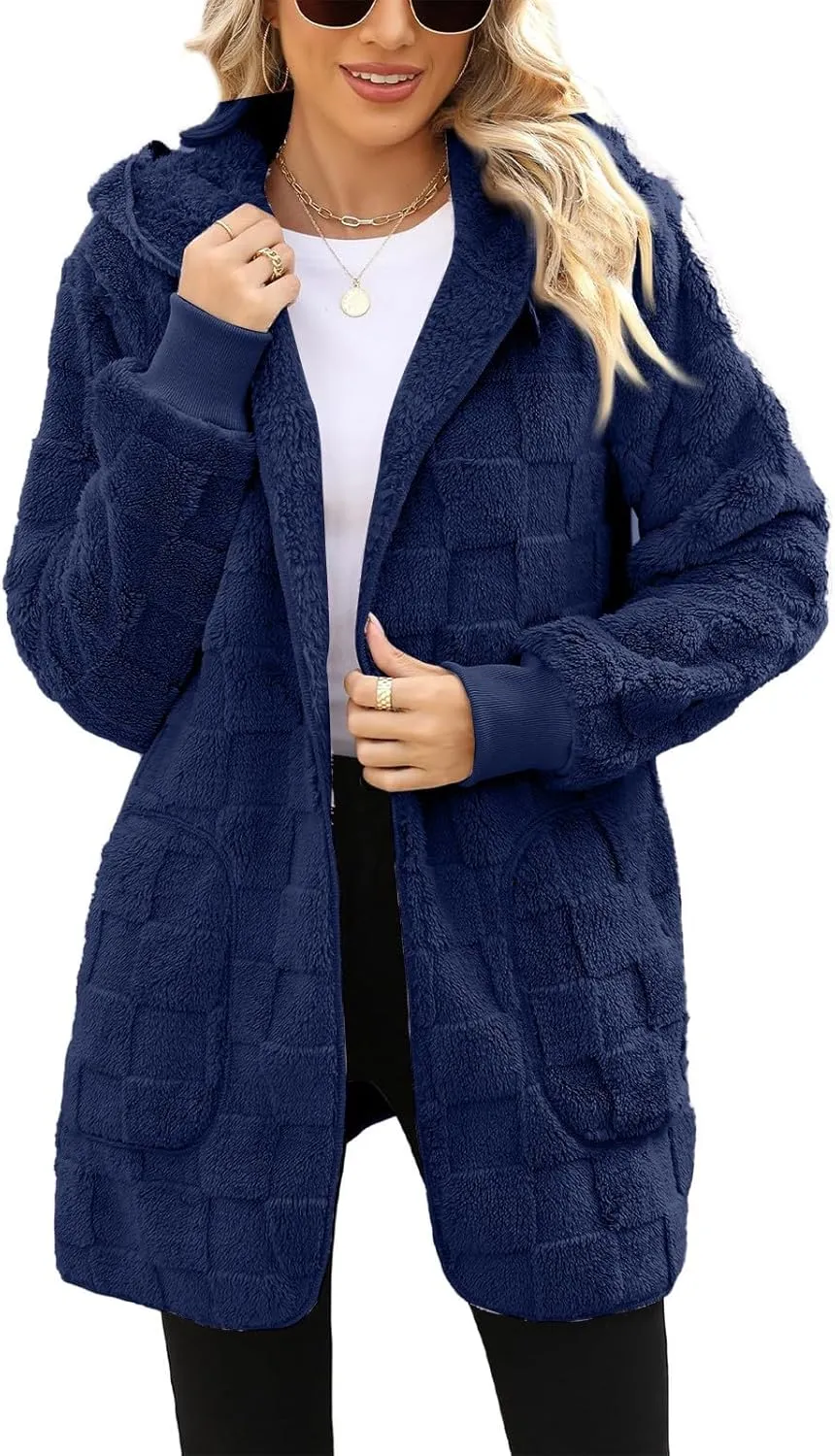 Gumipy Sherpa Jacket Women Open Front Hooded Fleece Jacket Fuzzy Warm Womens Jacket Cardigan Trendy Women Winter Clothes