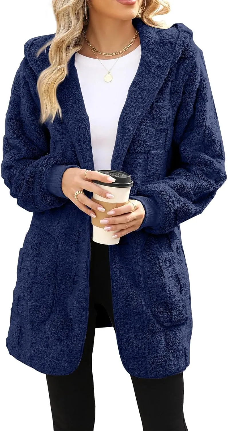 Gumipy Sherpa Jacket Women Open Front Hooded Fleece Jacket Fuzzy Warm Womens Jacket Cardigan Trendy Women Winter Clothes