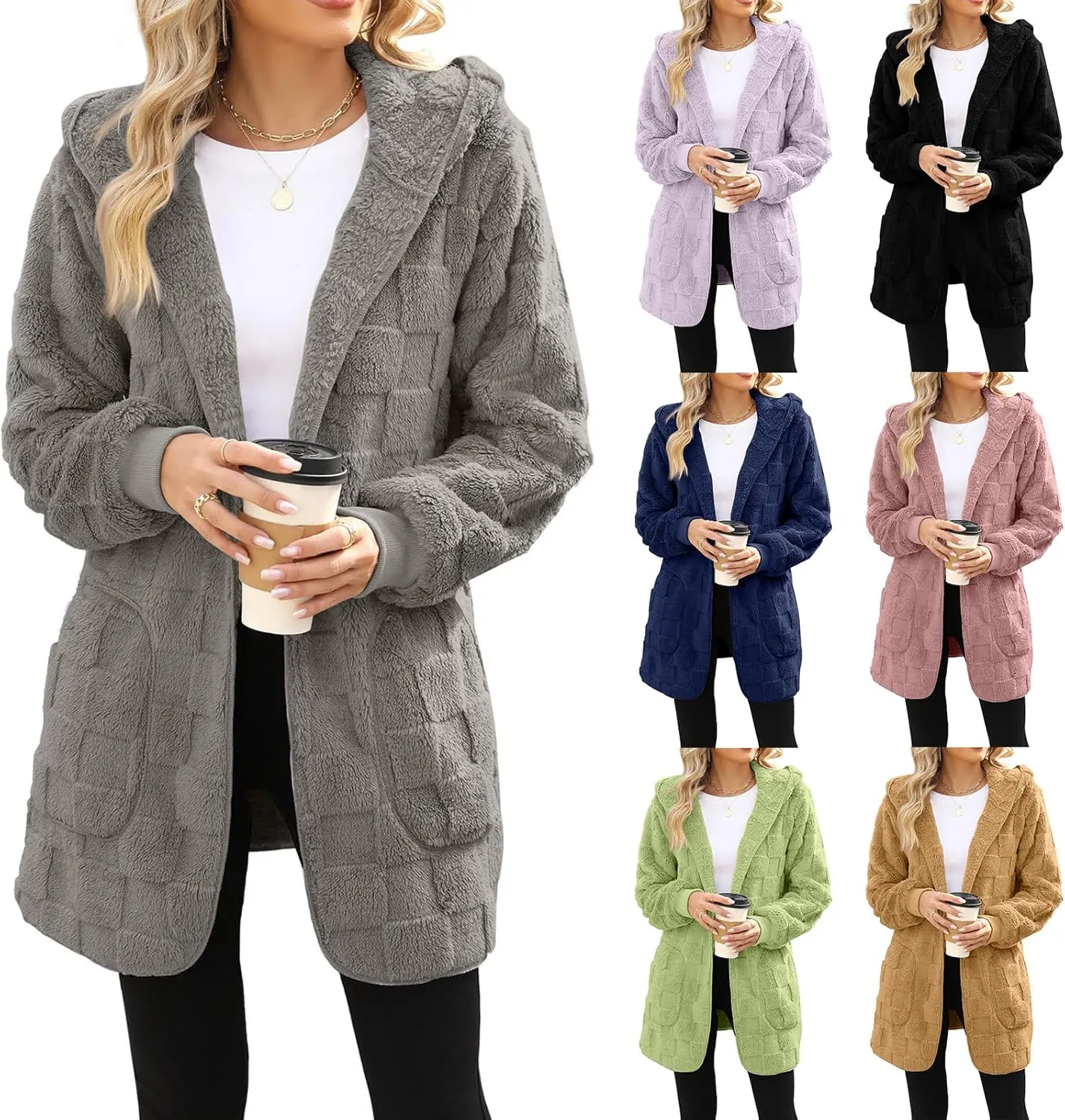 Gumipy Sherpa Jacket Women Open Front Hooded Fleece Jacket Fuzzy Warm Womens Jacket Cardigan Trendy Women Winter Clothes