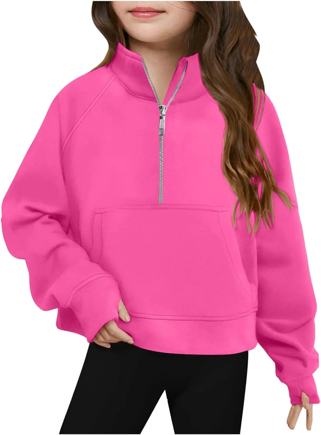 Half Zip Sweatshirt for Girls Long Sleeve Pullover Crop Tops Lightweight Fleece Spring Fall Clothes Thumb Hole