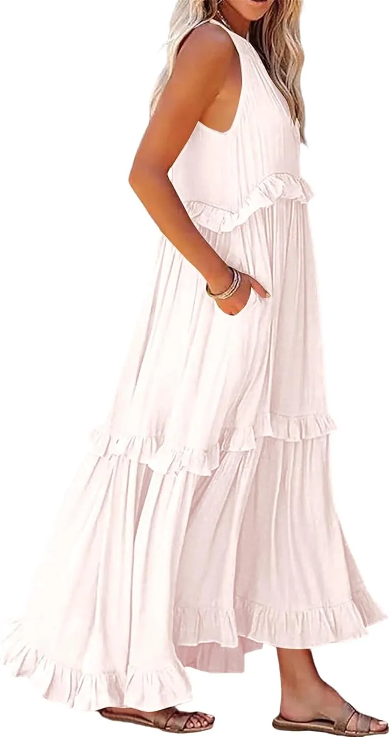 Halter Maxi Dresses for Women 2024 Summer Trendy Sleeveless Maxi Dress Tiered Flowy Dress with Pockets S-XL
