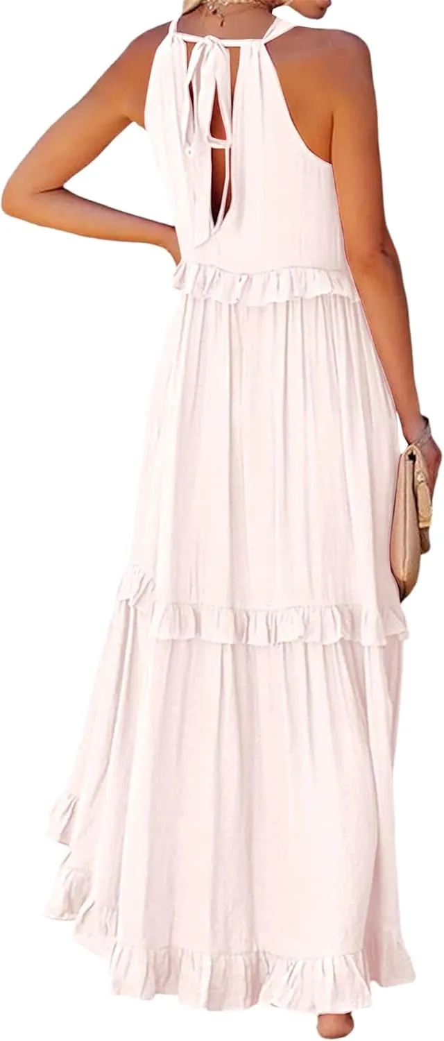 Halter Maxi Dresses for Women 2024 Summer Trendy Sleeveless Maxi Dress Tiered Flowy Dress with Pockets S-XL