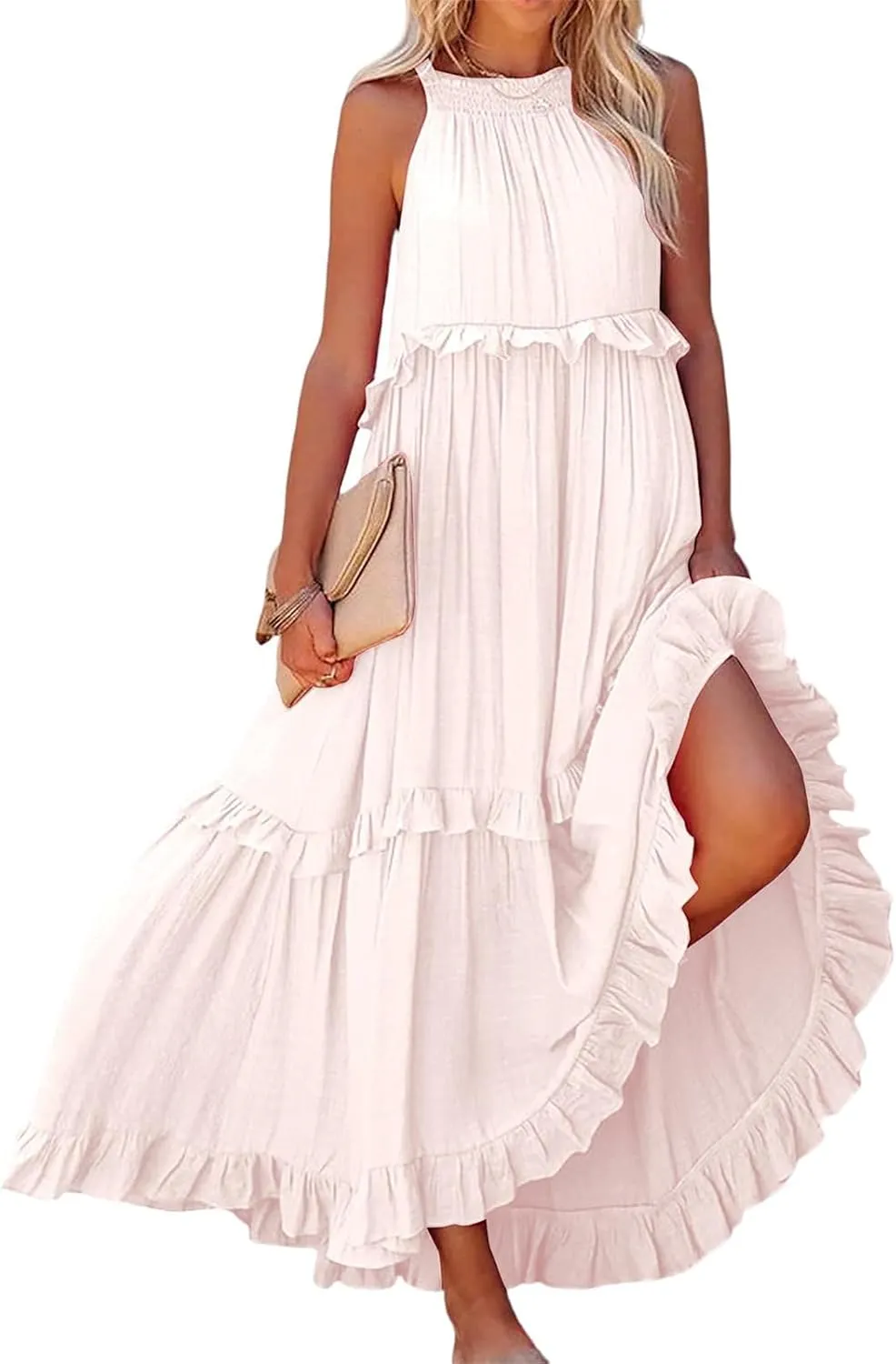 Halter Maxi Dresses for Women 2024 Summer Trendy Sleeveless Maxi Dress Tiered Flowy Dress with Pockets S-XL