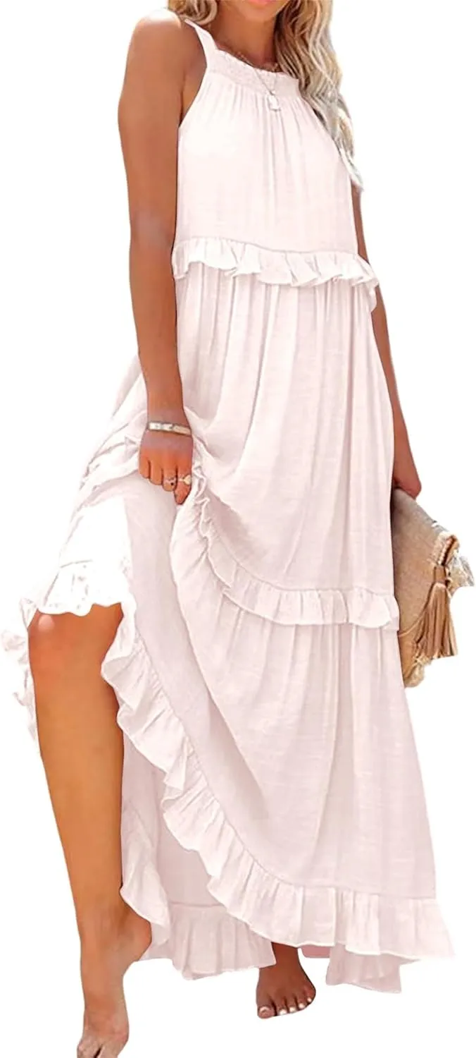 Halter Maxi Dresses for Women 2024 Summer Trendy Sleeveless Maxi Dress Tiered Flowy Dress with Pockets S-XL