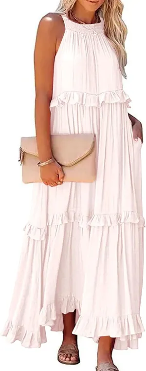Halter Maxi Dresses for Women 2024 Summer Trendy Sleeveless Maxi Dress Tiered Flowy Dress with Pockets S-XL