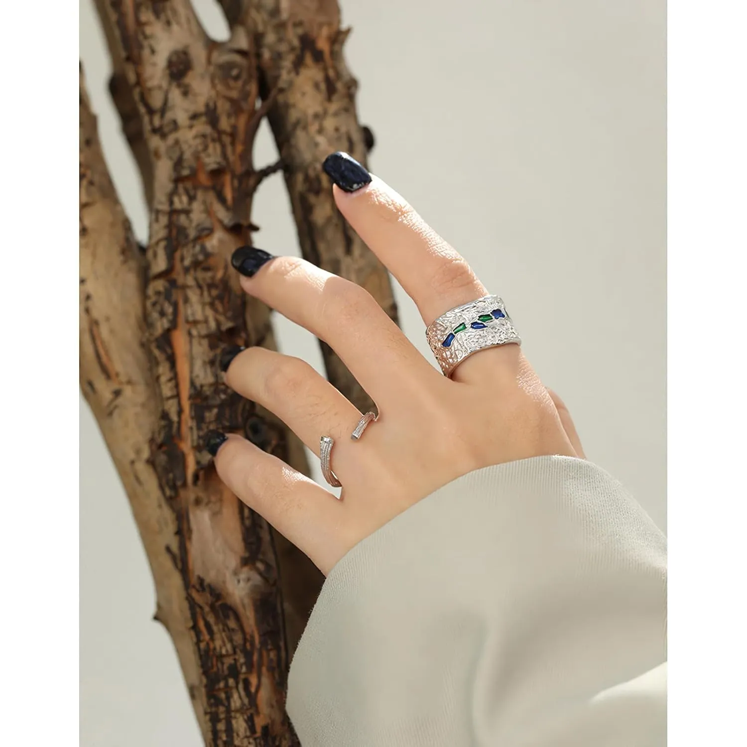 Handmade Chunky Wide Band Ring 925 Sterling Silver Classic Shiny Finish Rings For Men Women Hammered Thumb Rings Cute Open Enamel Rings Boho Minimalist Band Rings Statement Jewelry Gifts for Birthday