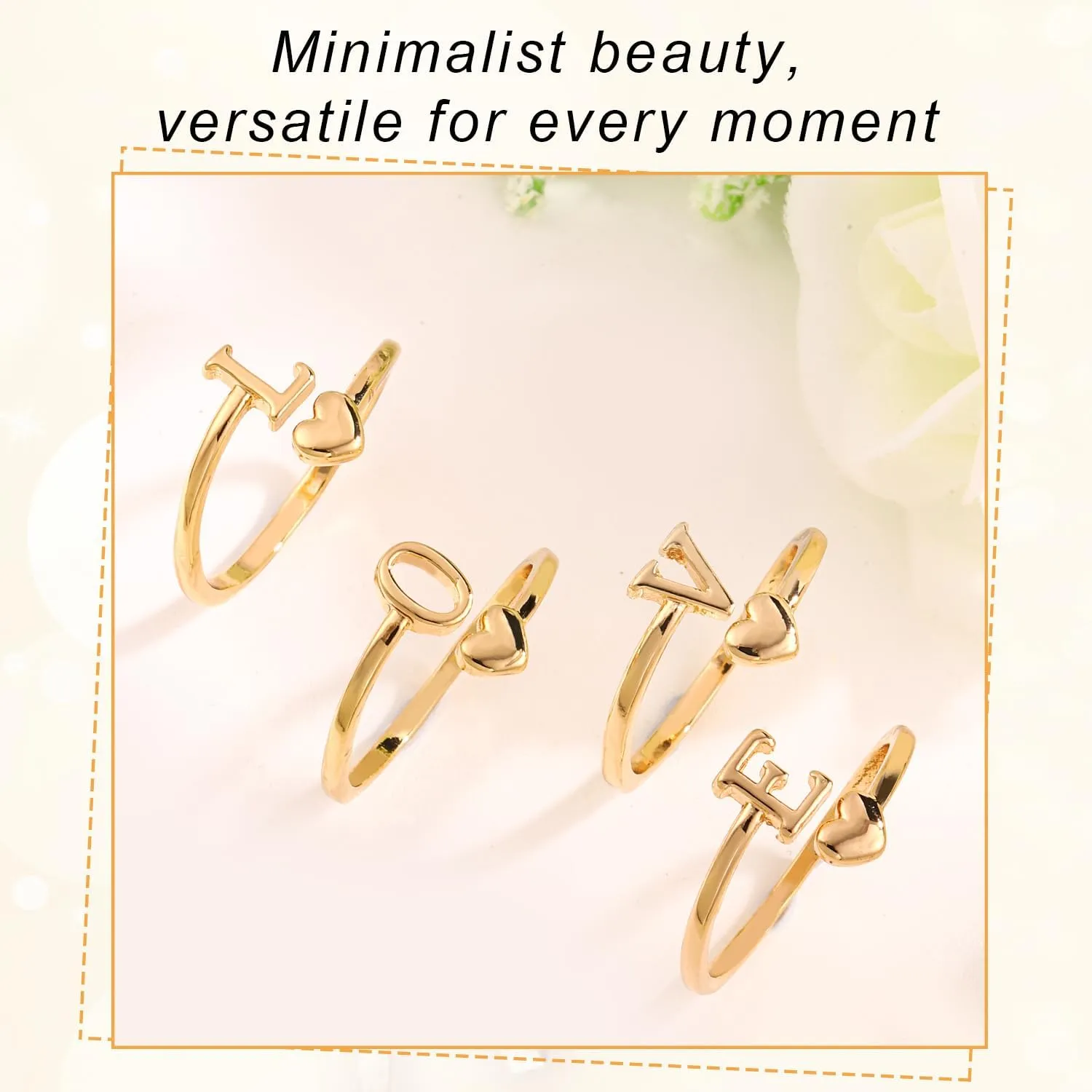 Heart Initial Stackable Rings, Adjustable Pinky Rings Cute Capital Letter Rings Heart Rings Non Tarnish Gold Rings Alphabet Gold Pinky Rings Jewerly Gift for Women