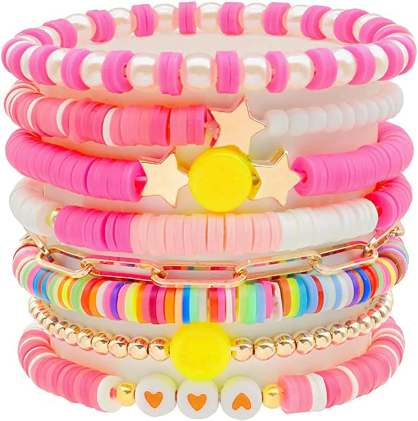 Heishi Surfer Bracelets Set, Colorful Preppy Bracelet Heart Star Stretch Beaded Bracelets Evil Eye Beaded Bracelets Stackable Boho Y2K Pearl Bracelets Set Clay Polymer Bead Aesthetic Bracelets Beach Layering Bracelet Jewelry for Women
