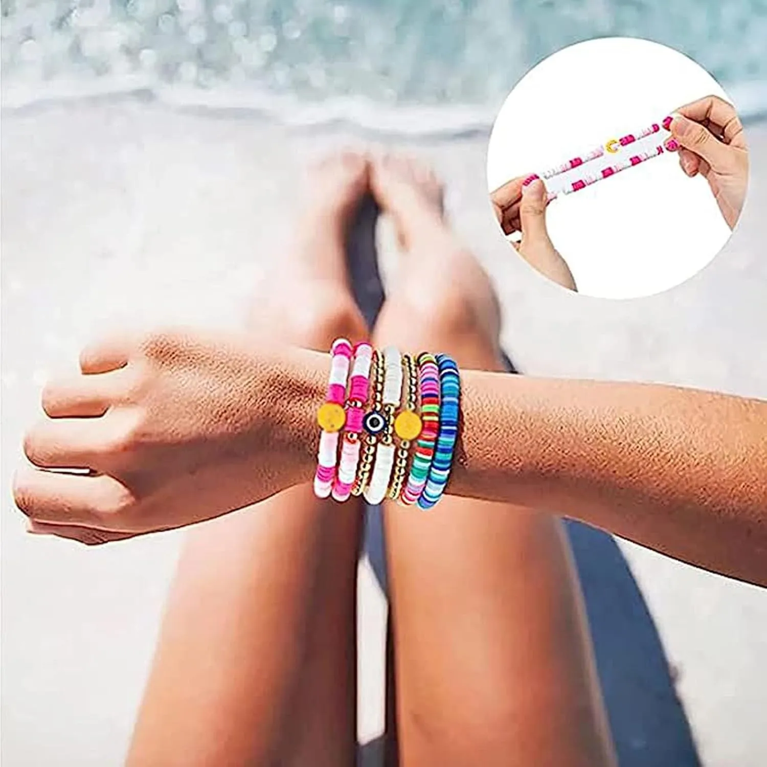 Heishi Surfer Bracelets Set, Colorful Preppy Bracelet Heart Star Stretch Beaded Bracelets Evil Eye Beaded Bracelets Stackable Boho Y2K Pearl Bracelets Set Clay Polymer Bead Aesthetic Bracelets Beach Layering Bracelet Jewelry for Women