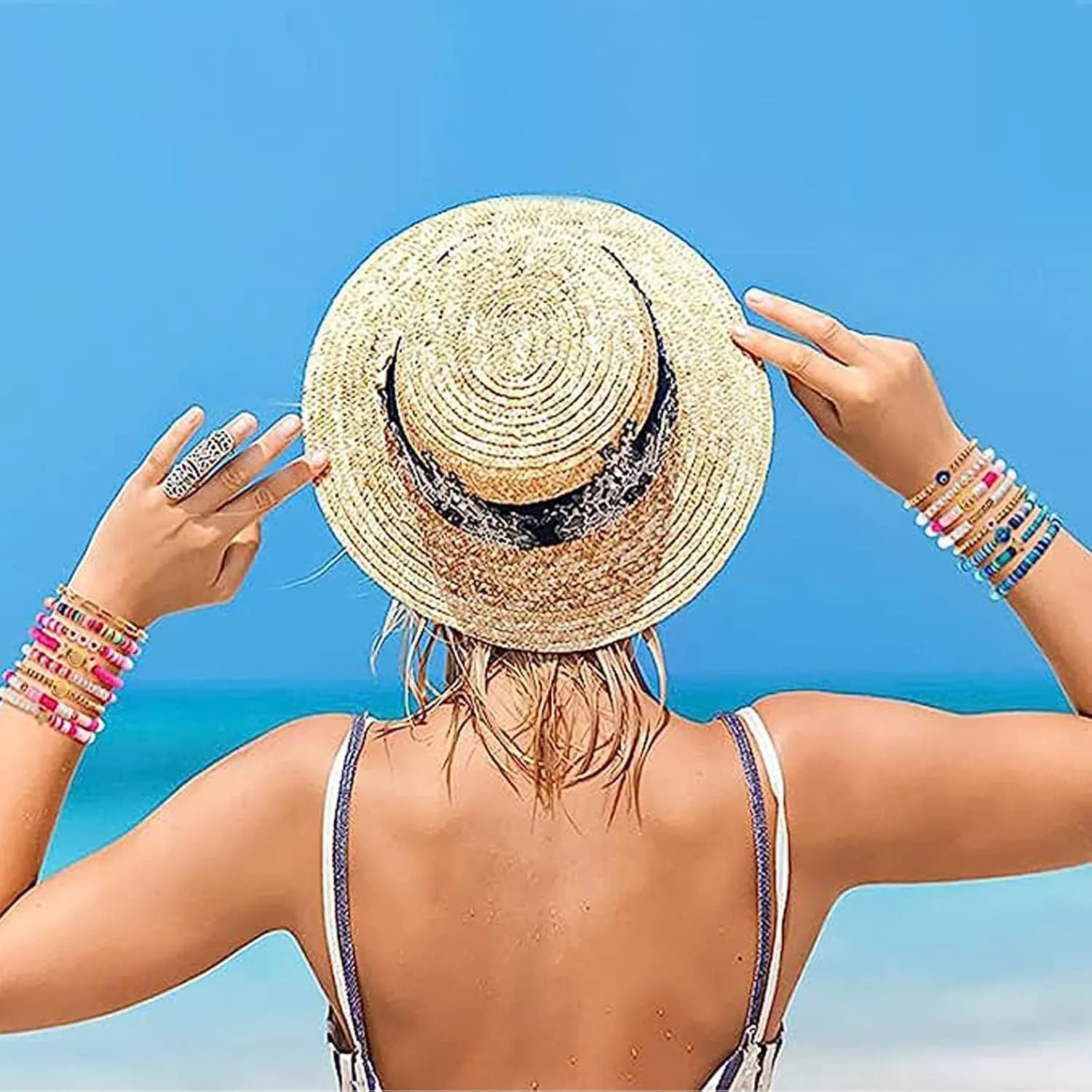 Heishi Surfer Bracelets Set, Colorful Preppy Bracelet Heart Star Stretch Beaded Bracelets Evil Eye Beaded Bracelets Stackable Boho Y2K Pearl Bracelets Set Clay Polymer Bead Aesthetic Bracelets Beach Layering Bracelet Jewelry for Women