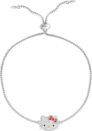 Hello Kitty Sanrio Womens Bracelets - Silver Flash-Plated Jewelry with Heart Pendants and Zirconia Accents