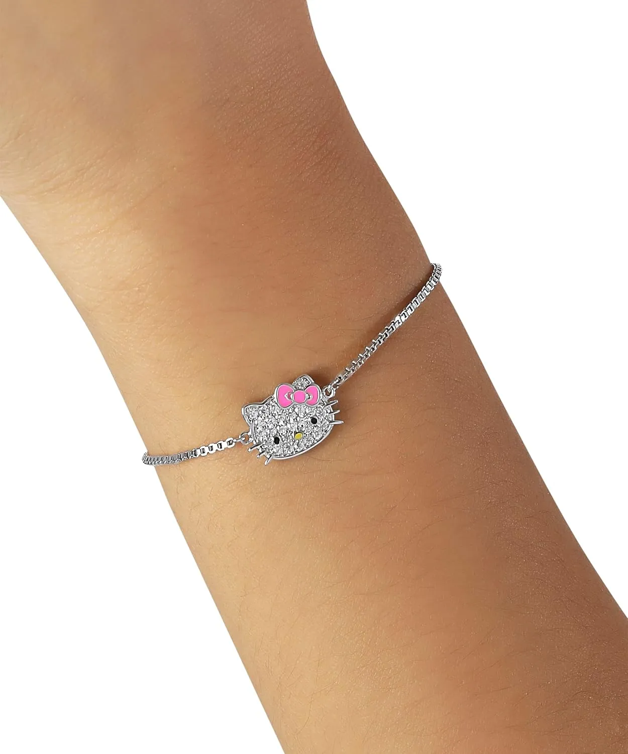 Hello Kitty Sanrio Womens Bracelets - Silver Flash-Plated Jewelry with Heart Pendants and Zirconia Accents
