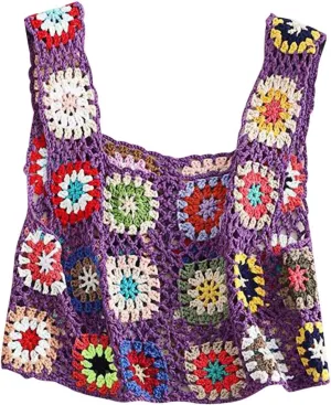 HGps8w Boho Crochet Crop Tank Top for Colorful Floral Embroidery Knit Vest Tops Hollow Out Camisole Beachwear