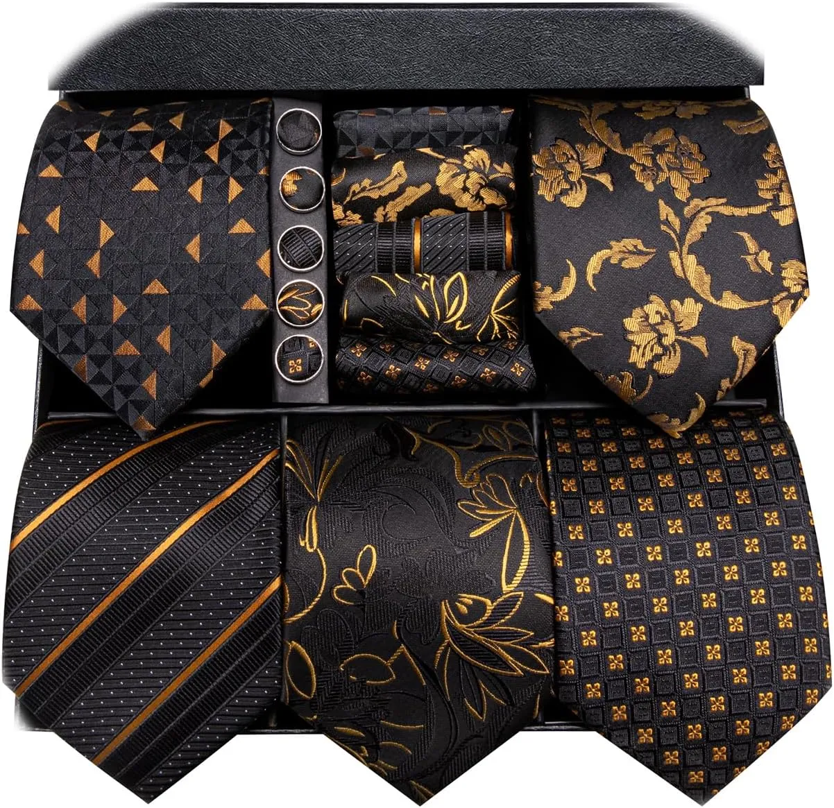 Hi-Tie Lot 5 Pcs Gift Box Mens Tie Set Necktie with Pocket Square Cufflinks Silk Neck Tie Collection