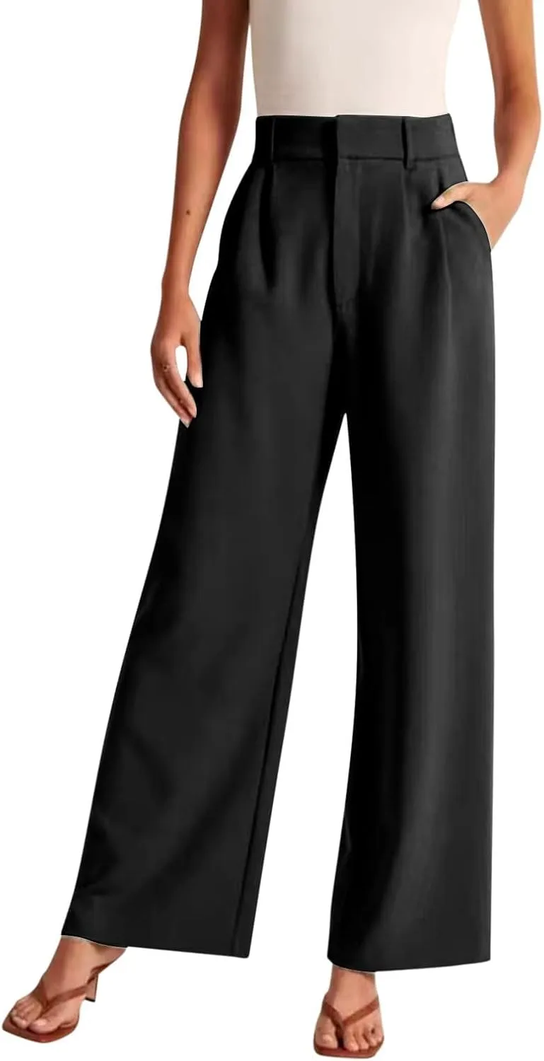 High Waist Wide Leg Pants for Women Fashion Dressy Business Palazzo Pant Casual Elastic Work Trousers with Pockets