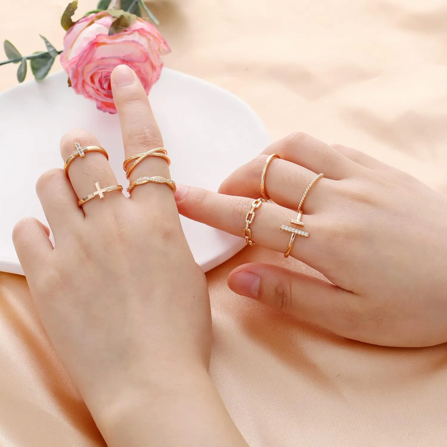 Honsny 14K Gold Plated Stacking Rings Set for Women, Stackable Thumb Rings Thin Dainty Silver Rings for Women Wedding Eternity Band Simple Rose Gold Ring Size 4-11