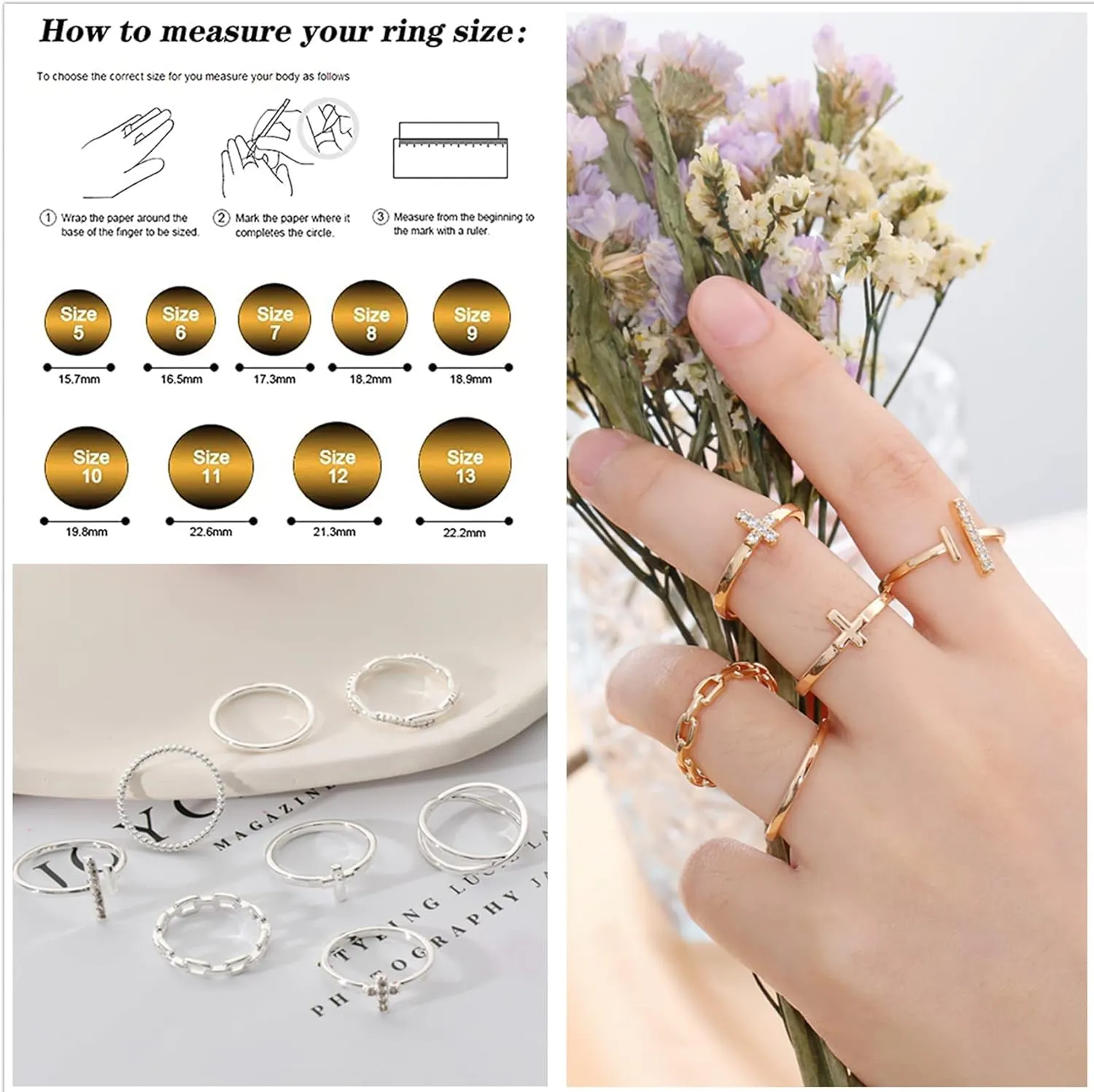 Honsny 14K Gold Plated Stacking Rings Set for Women, Stackable Thumb Rings Thin Dainty Silver Rings for Women Wedding Eternity Band Simple Rose Gold Ring Size 4-11