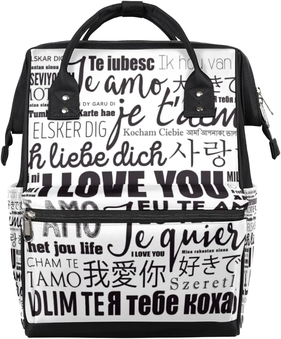 I Love You Different Language Diaper Bag Tote Large Capacity Waterproof with Adjustable Shoulder Strap and Pram Straps Mommy Bag for Hospital Beach Weekender Travel
