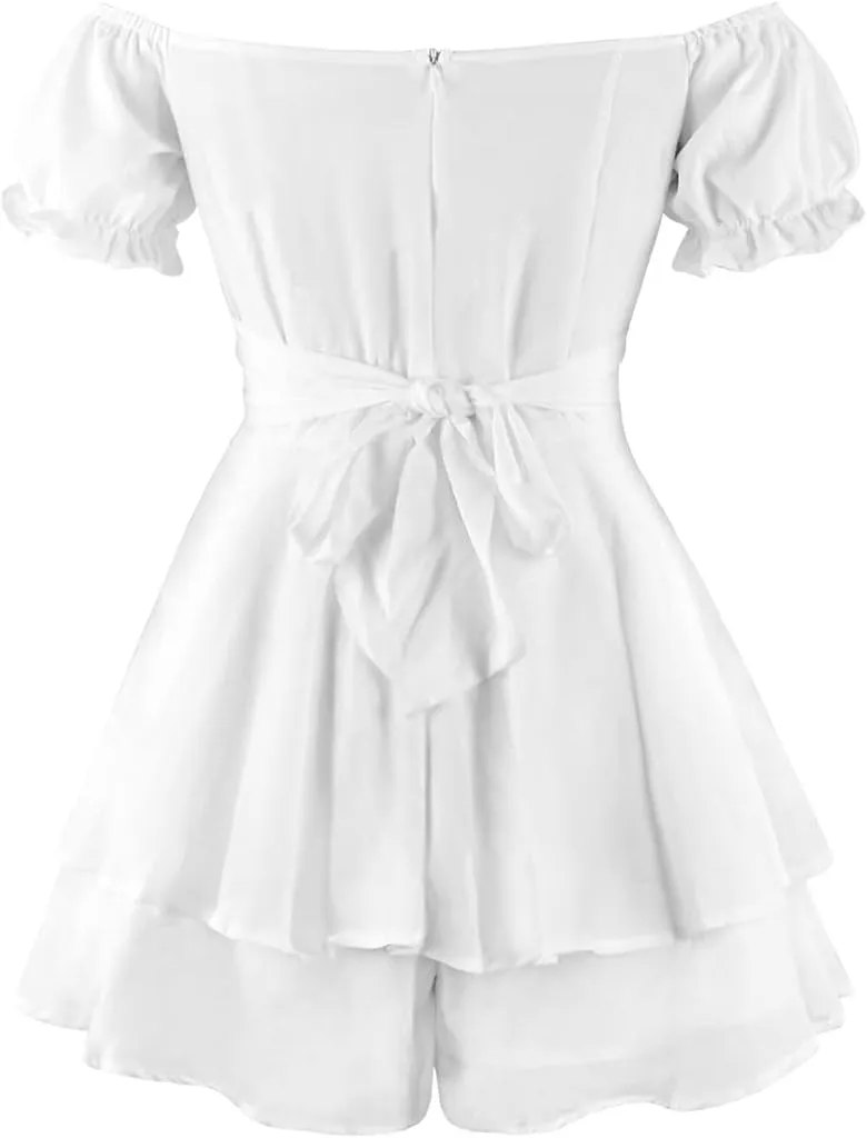 IBTOM CASTLE Women Off Shoulder Romper Boho Ruffle Chiffon Shorts Mini Dress Tie Bot Party Overall Playsuits Jumpsuit