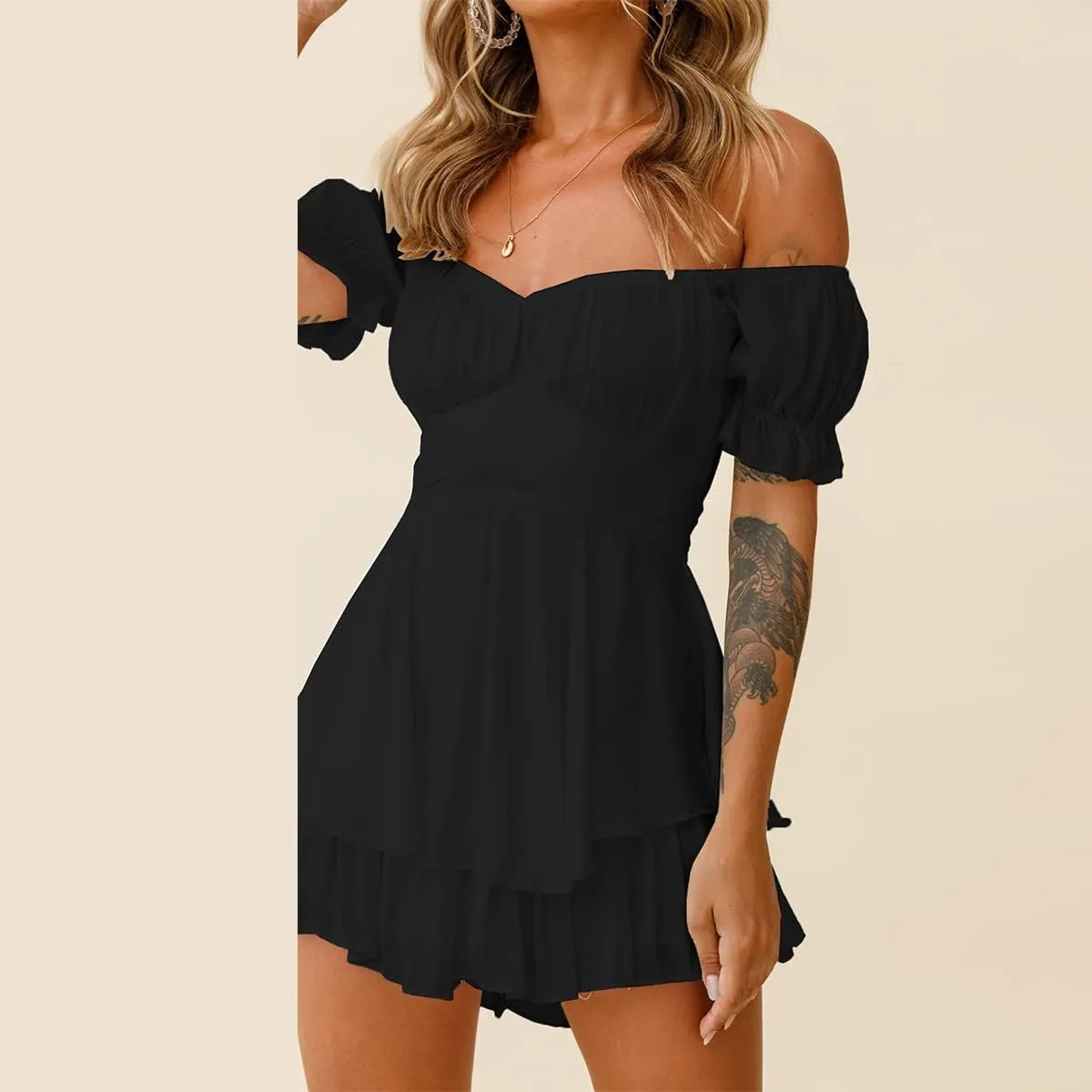 IBTOM CASTLE Women Off Shoulder Romper Boho Ruffle Chiffon Shorts Mini Dress Tie Bot Party Overall Playsuits Jumpsuit