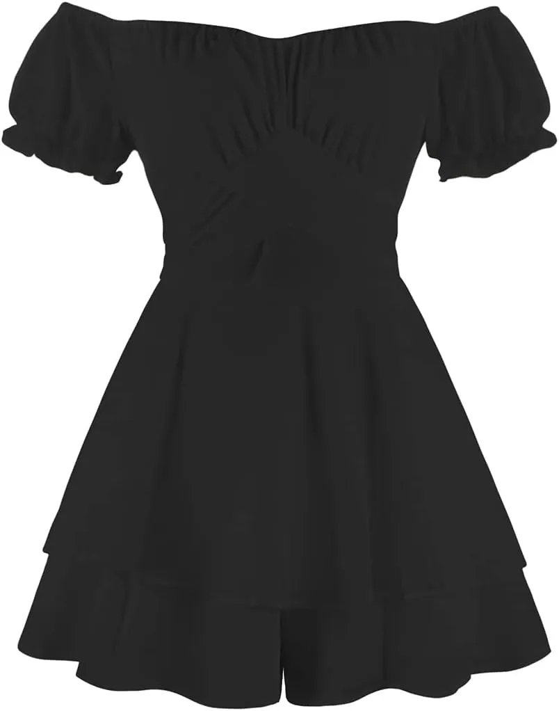 IBTOM CASTLE Women Off Shoulder Romper Boho Ruffle Chiffon Shorts Mini Dress Tie Bot Party Overall Playsuits Jumpsuit
