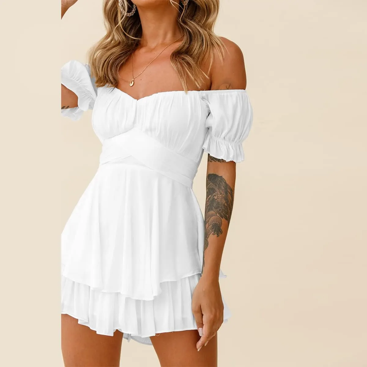 IBTOM CASTLE Women Off Shoulder Romper Boho Ruffle Chiffon Shorts Mini Dress Tie Bot Party Overall Playsuits Jumpsuit