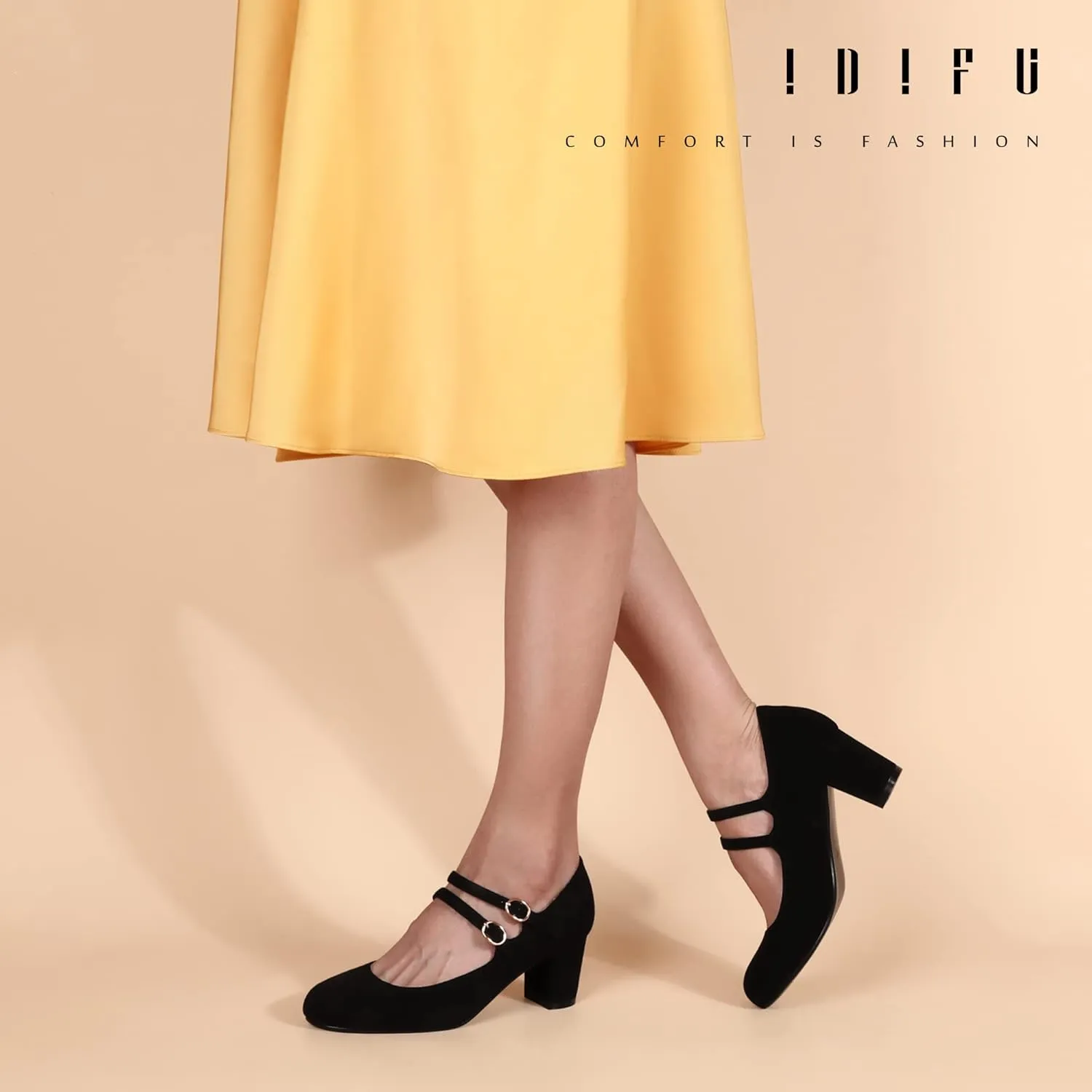 IDIFU Women's Dress Shoes for Women Pumps Mary Jane Heels Low Block Round Closed Toe Wedding Office Work