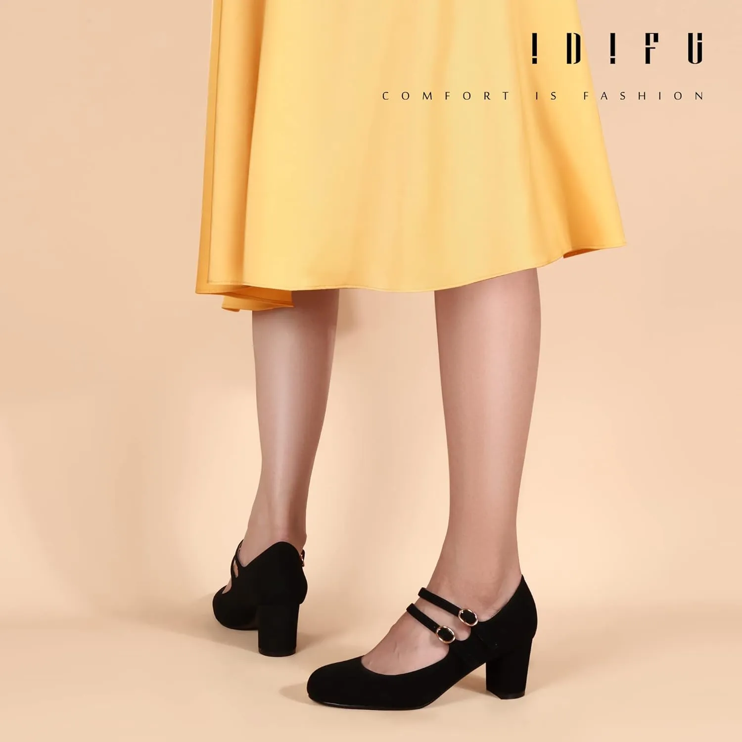 IDIFU Women's Dress Shoes for Women Pumps Mary Jane Heels Low Block Round Closed Toe Wedding Office Work