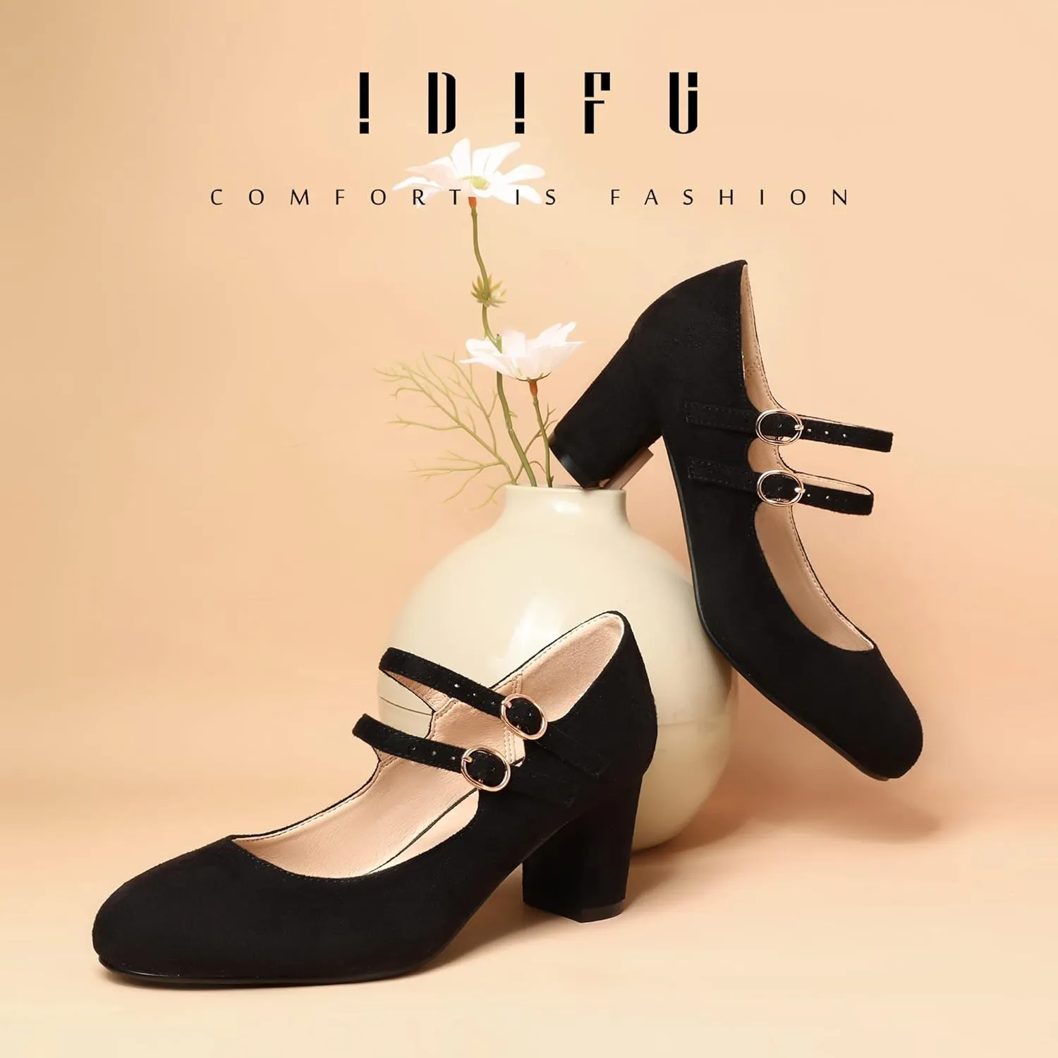 IDIFU Women's Dress Shoes for Women Pumps Mary Jane Heels Low Block Round Closed Toe Wedding Office Work