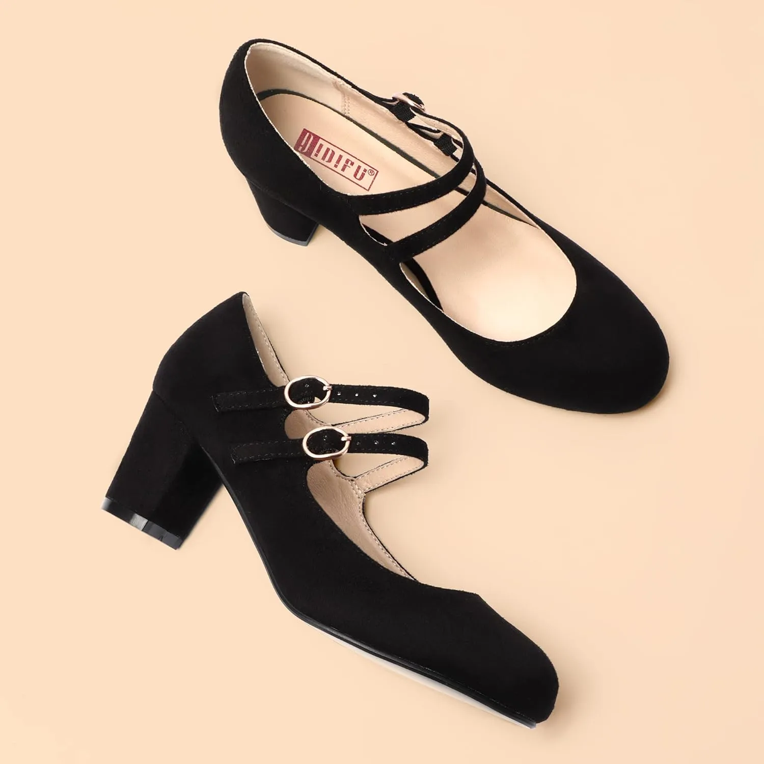 IDIFU Women's Dress Shoes for Women Pumps Mary Jane Heels Low Block Round Closed Toe Wedding Office Work