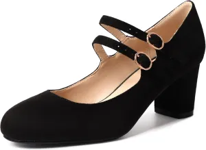 IDIFU Women's Dress Shoes for Women Pumps Mary Jane Heels Low Block Round Closed Toe Wedding Office Work