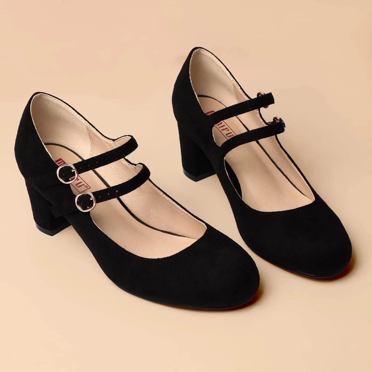 IDIFU Women's Dress Shoes for Women Pumps Mary Jane Heels Low Block Round Closed Toe Wedding Office Work