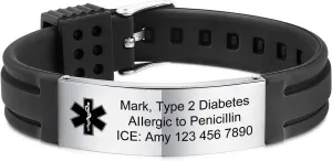 INBLUE Personalized Medical Alert Bracelets for Men Custom ID Bracelets Emergency ID Adjustable Silicone Wristband Bracelets with Engraving Text ID Bracelets for Elderly